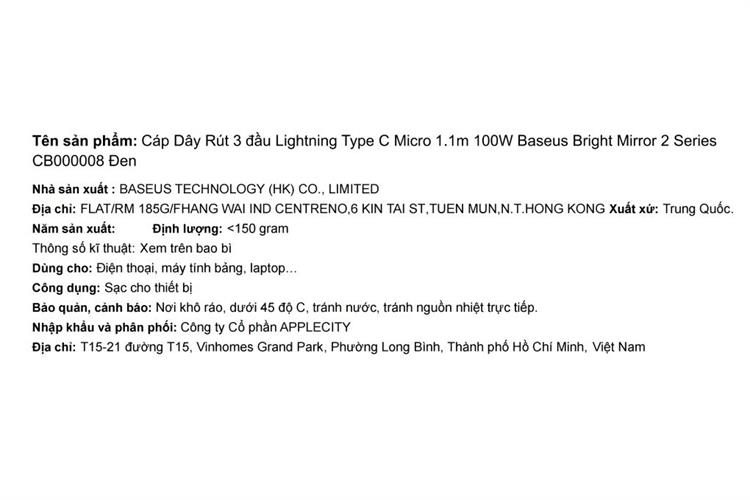 Cáp sạc nhanh dây rút 3 đầu Lightning - Type-C - Micro 100W 1.1m Baseus Bright Mirror 2 Series CB000008 Màu Đen