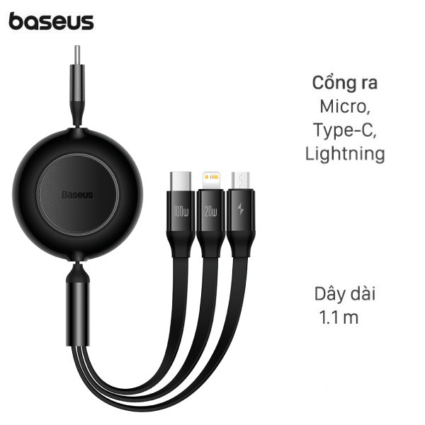 Cáp sạc nhanh dây rút 3 đầu 1.1m Baseus Bright Mirror 2 Series CB000008