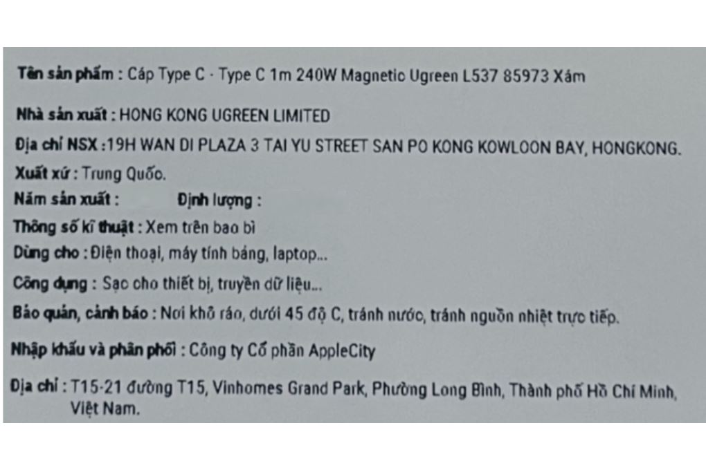 Cáp sạc nhanh Type C - Type C 240W 1m Ugreen Magnetic L537 85973 Màu Xám