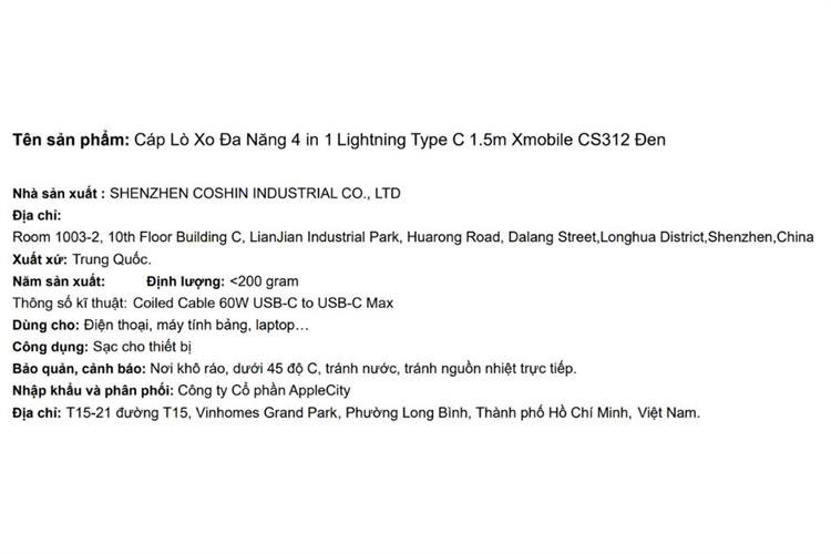 Cáp sạc nhanh lò xo đa năng 4 in 1 Lightning Type C 60W 1.5m Xmobile CS312 Màu Đen