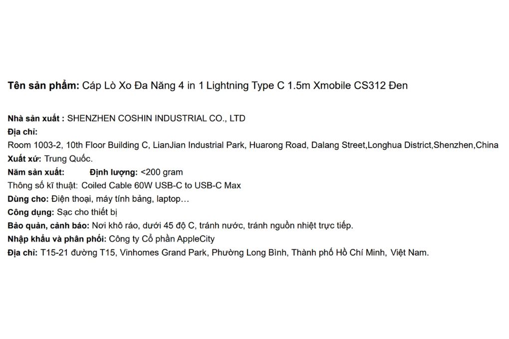 Cáp sạc nhanh lò xo đa năng 4 in 1 Lightning Type C 60W 1.5m Xmobile CS312 Màu Đen