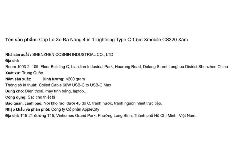 Cáp sạc nhanh lò xo đa năng 4 in 1 Lightning Type C 60W 1.5m Xmobile CS320 Màu Bạc