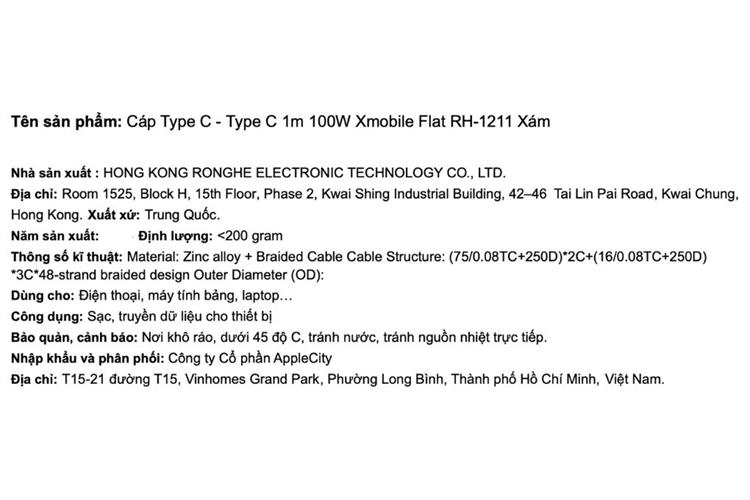 Cáp sạc nhanh Type C - Type C 100W 1m Xmobile Flat RH-1211 Màu Xám