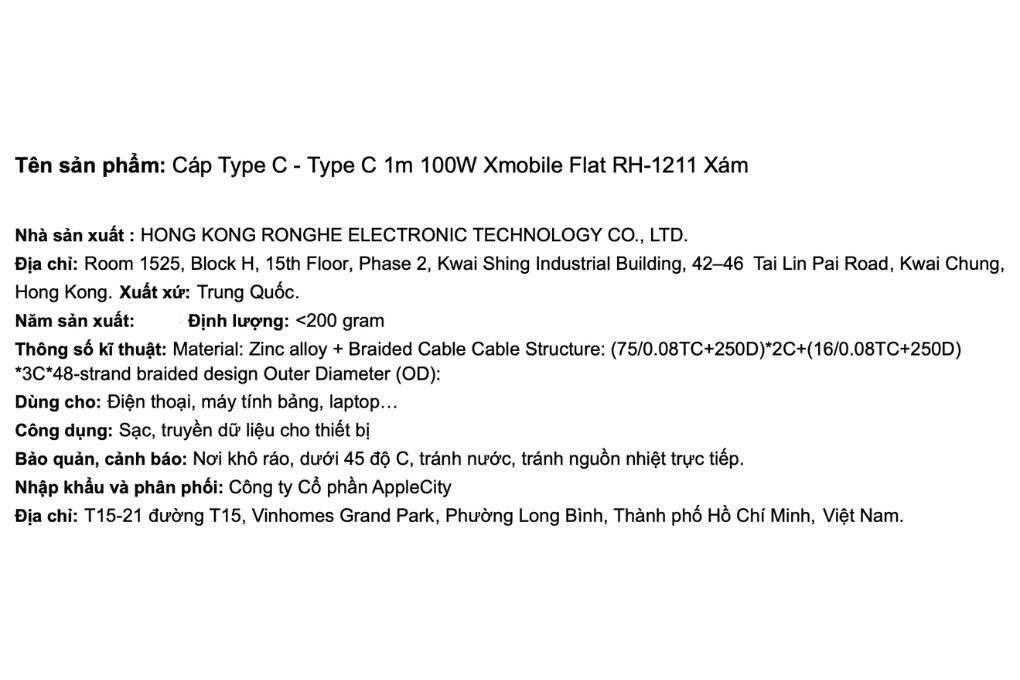 Cáp sạc nhanh Type C - Type C 100W 1m Xmobile Flat RH-1211 Màu Xám