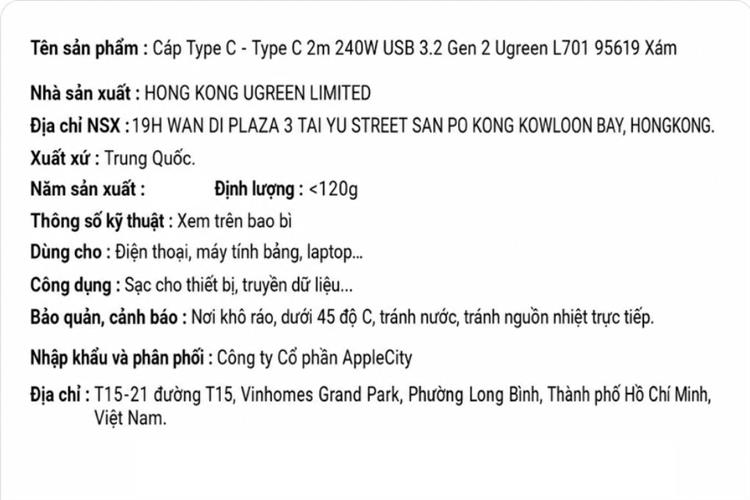 Cáp sạc nhanh Type C - Type C 240W 2m Ugreen L701 95619 Màu Xám