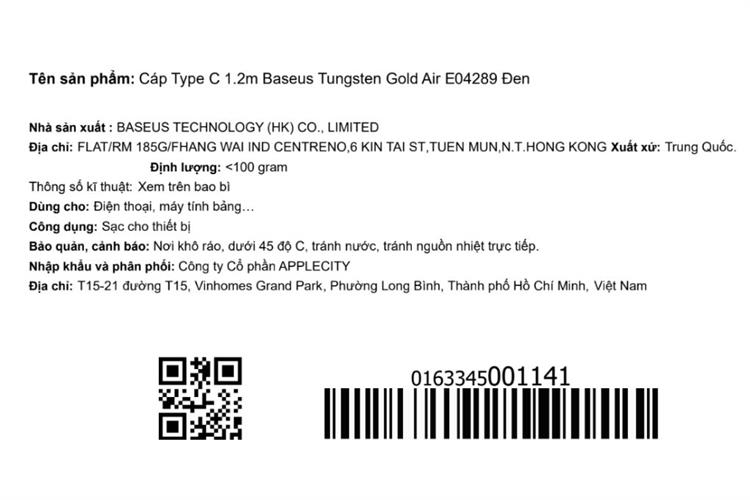 Cáp sạc và truyền dữ liệu USB-A - Type-C 15W 1.2m Baseus Tungsten Gold Air E04289 Màu Đen