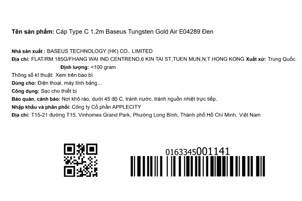 Cáp sạc và truyền dữ liệu USB-A - Type-C 15W 1.2m Baseus Tungsten Gold Air E04289 Màu Đen