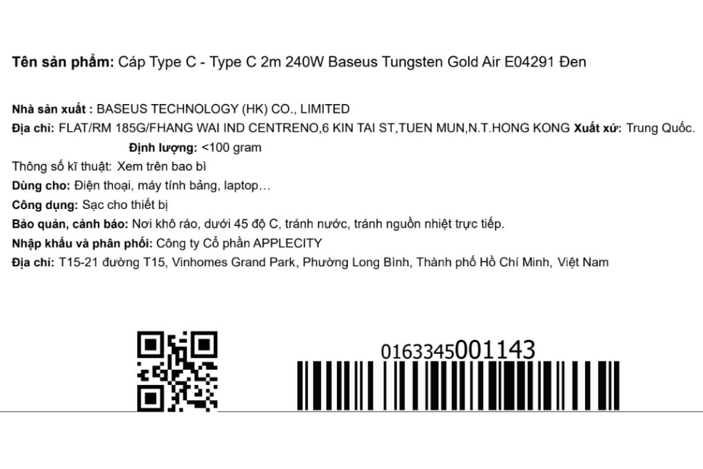 Cáp sạc nhanh và truyền dữ liệu Type-C - Type-C 240W 2m Baseus Tungsten Gold Air E04291 Màu Đen