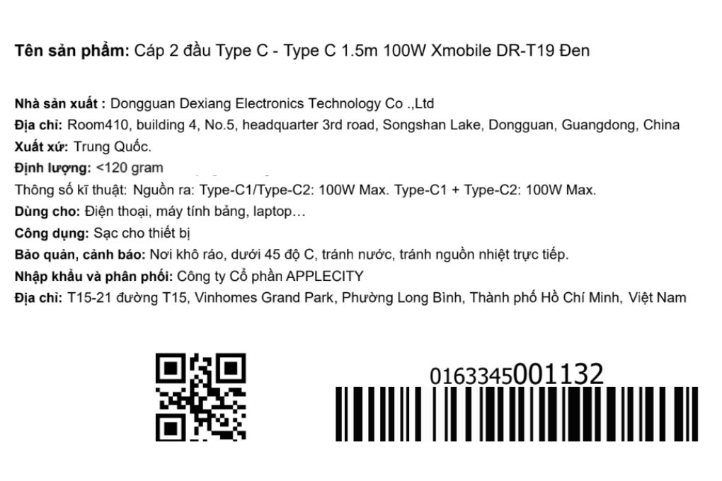 Cáp sạc nhanh và truyền dữ liệu 2 đầu Type C - Type C 100W 1.5m Xmobile DR-T19 Màu Đen