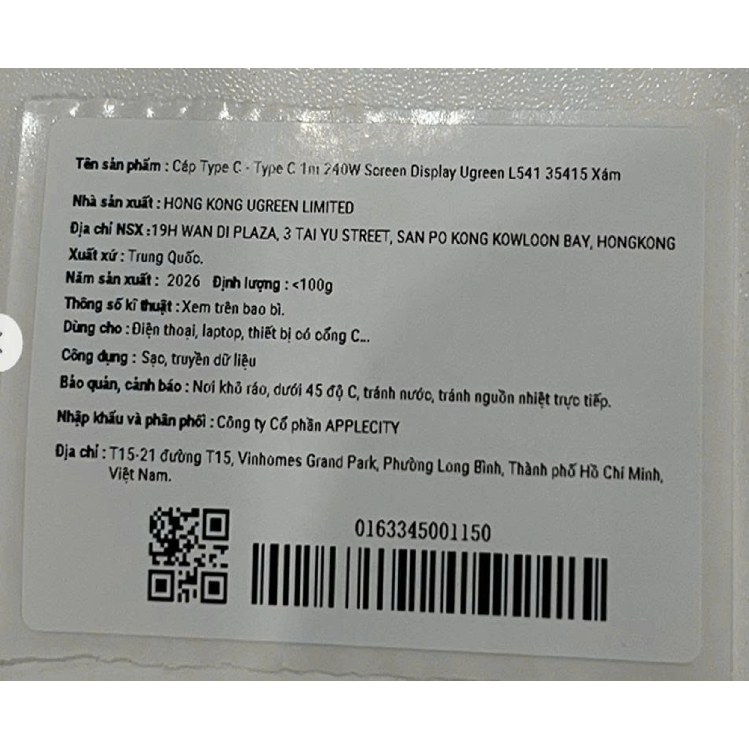 Cáp sạc nhanh Type C - Type C 1m 240W Screen Display Ugreen 35415 Màu Xám