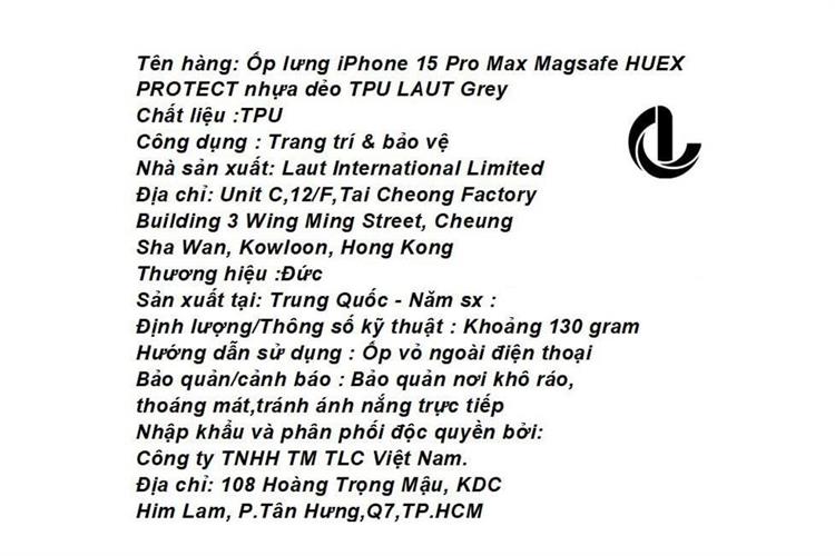 Ốp lưng Magsafe iPhone 15 Pro Max Nhựa dẻo TPU LAUT HUEX PROTECT Màu Xám
