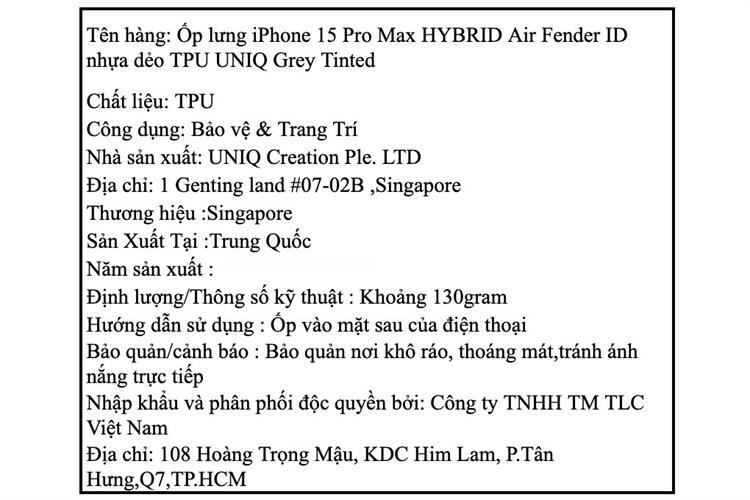 Ốp lưng iPhone 15 Pro Max Nhựa dẻo TPU UNIQ HYBRID Air Fender ID Màu Xám đậm
