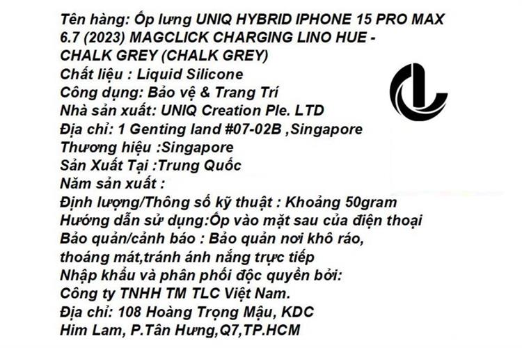 Ốp lưng MagSafe iPhone 15 Pro Max Silicone UNIQ HYBRID MAGCLICK CHARGING LINO HUE Liquid Màu Xám nhạt