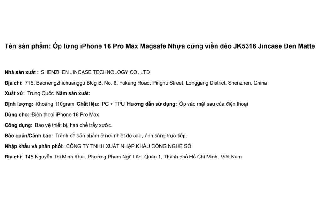 Ốp lưng MagSafe iPhone 16 Pro Max Nhựa cứng viền dẻo JK5316 Jincase Màu Đen