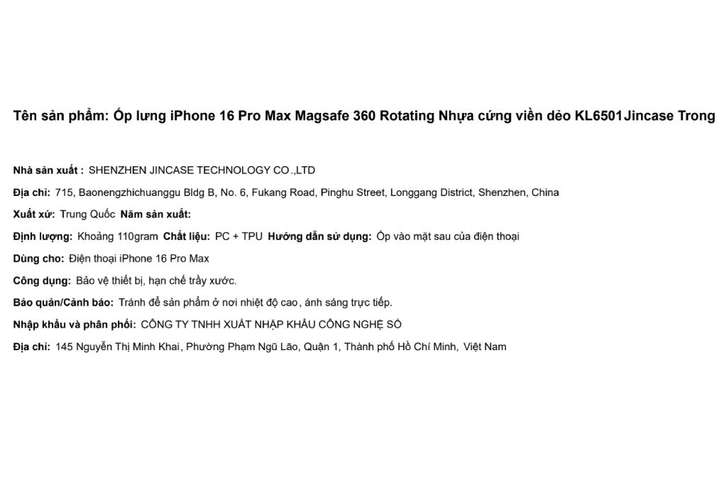 Ốp lưng MagSafe iPhone 16 Pro Max Nhựa cứng viền dẻo KL6501 Jincase 360 Rotating Màu Trắng