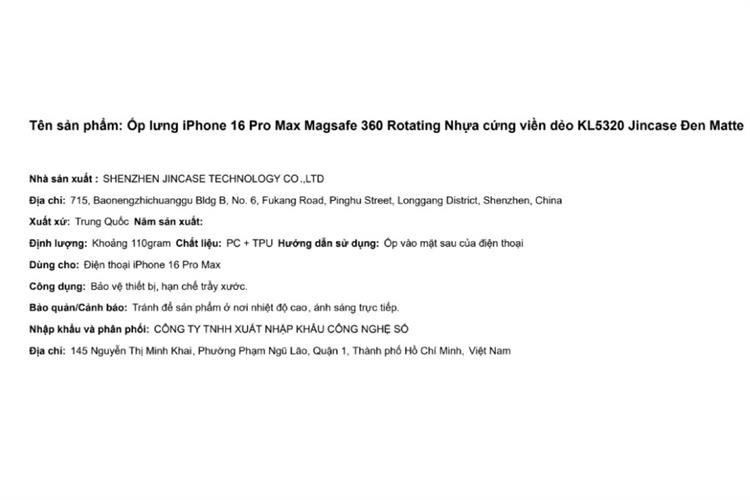 Ốp lưng MagSafe iPhone 16 Pro Max Nhựa cứng viền dẻo KL5320 Jincase 360 Rotating Màu Đen