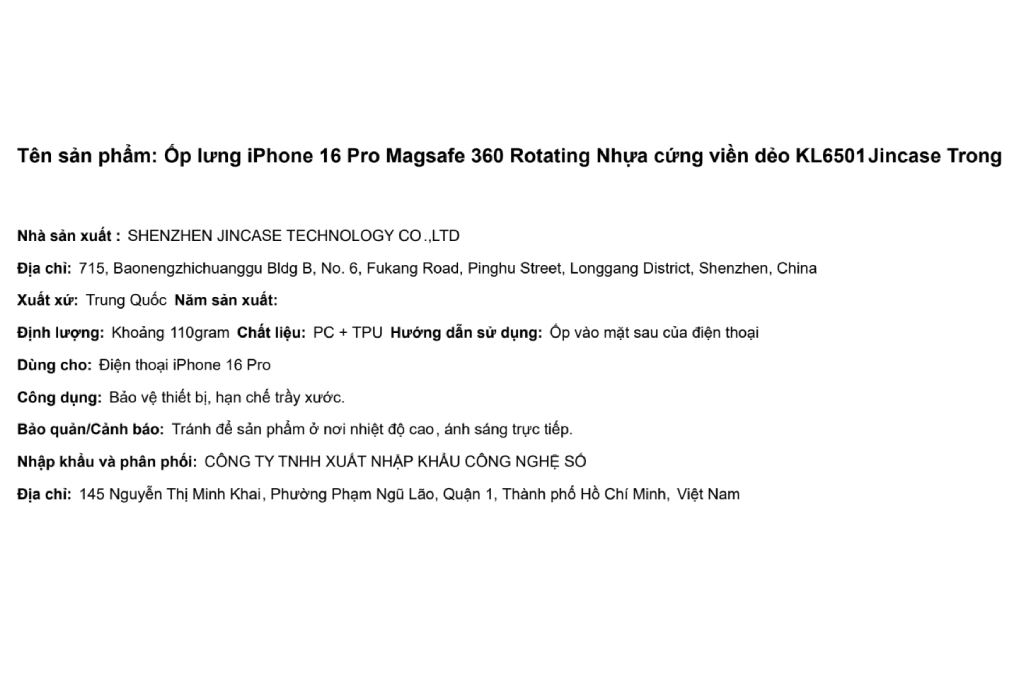 Ốp lưng MagSafe iPhone 16 Pro Nhựa cứng viền dẻo KL6501 Jincase 360 Rotating Màu Trắng