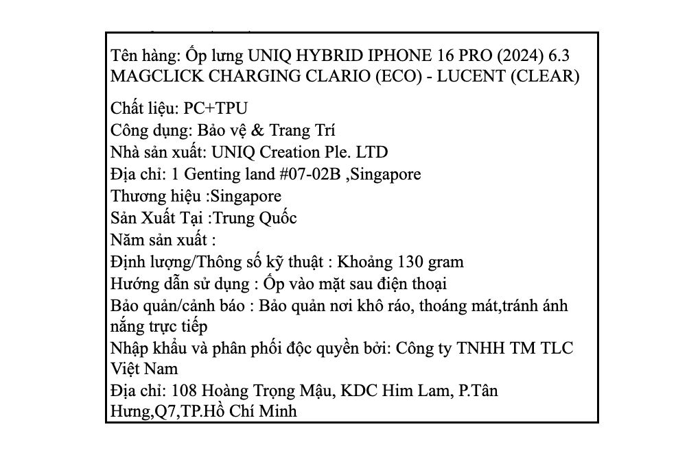 Ốp lưng MagSafe iPhone 16 Pro Nhựa cứng viền dẻo UNIQ MAGCLICK CHARGING CLARIO (ECO) Màu Trắng
