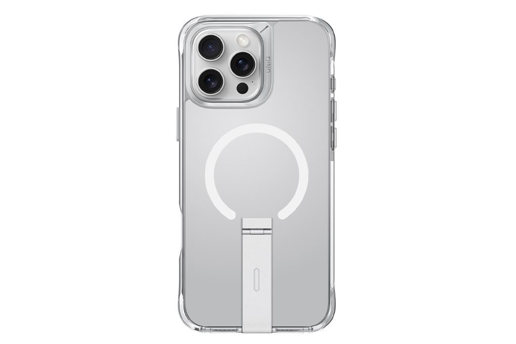 Ốp lưng MagSafe iPhone 16 Pro Nhựa cứng viền dẻo UNIQ MAGCLICK CHARGING ELEVA WITH VERTICAL STAND Màu Trắng