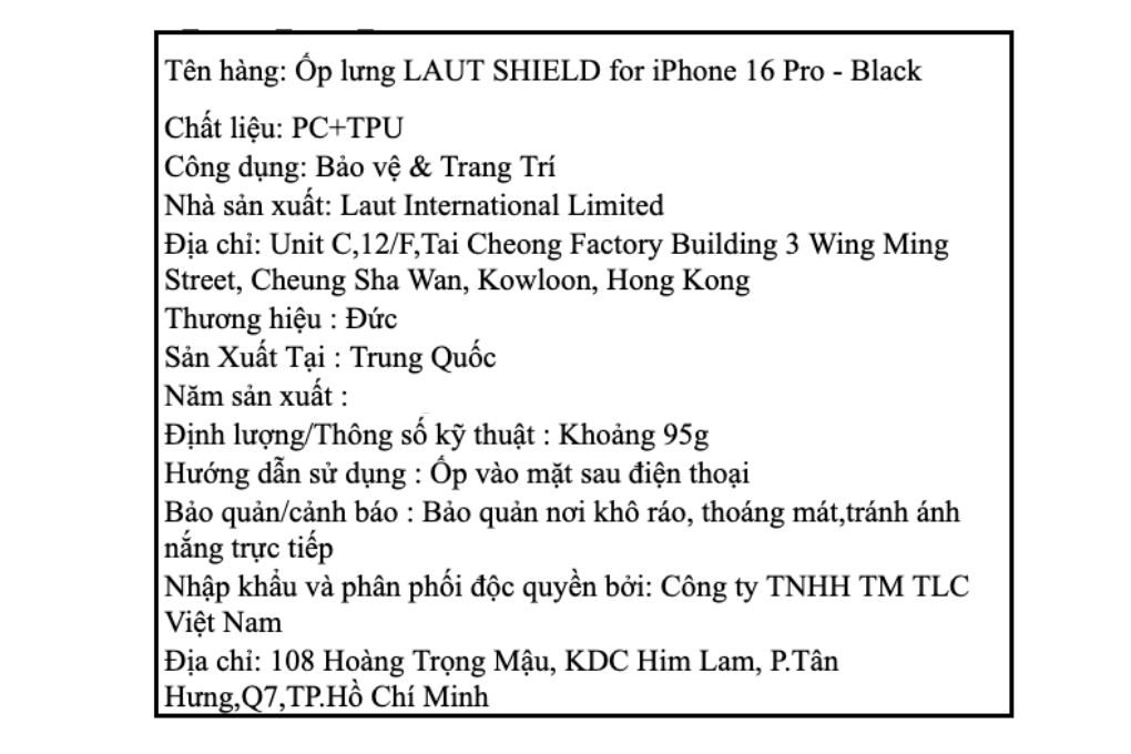 Ốp lưng MagSafe iPhone 16 Pro Nhựa cứng viền dẻo LAUT SHIELD Màu Đen