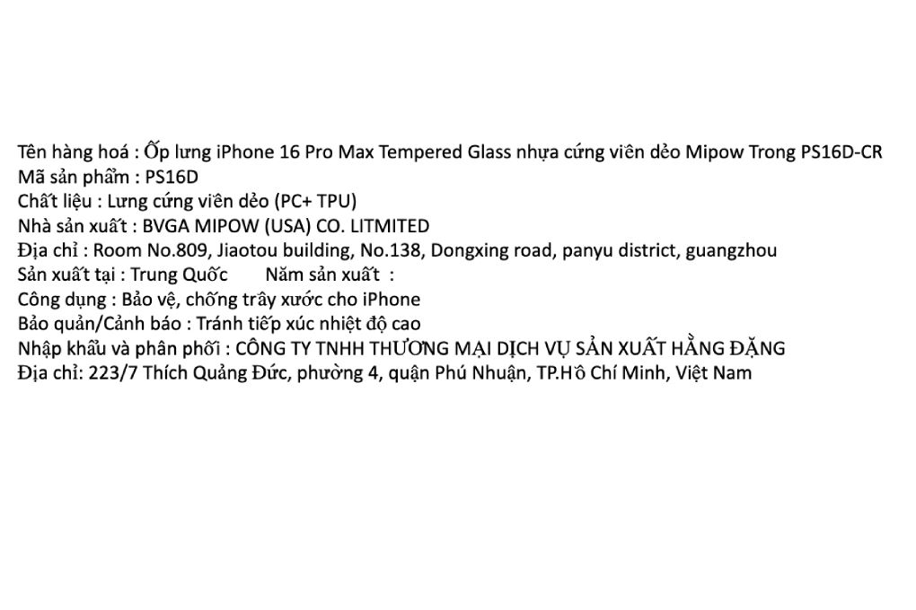 Ốp lưng iPhone 16 Pro Max nhựa cứng viền dẻo Mipow Tempered Glass PS16D-CR Màu Trắng