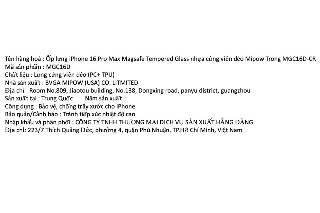 Ốp lưng MagSafe iPhone 16 Pro Max Magsafe nhựa cứng viền dẻo Mipow Tempered Glass MGC16D-CR Màu Trắng