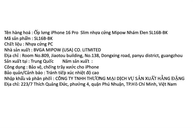 Ốp lưng iPhone 16 Pro nhựa cứng Mipow Slim SL16B Màu Đen