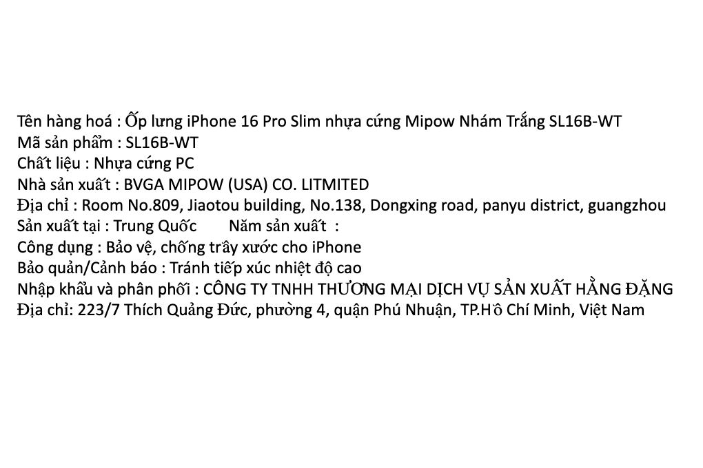Ốp lưng iPhone 16 Pro nhựa cứng Mipow Slim SL16B Màu Trắng