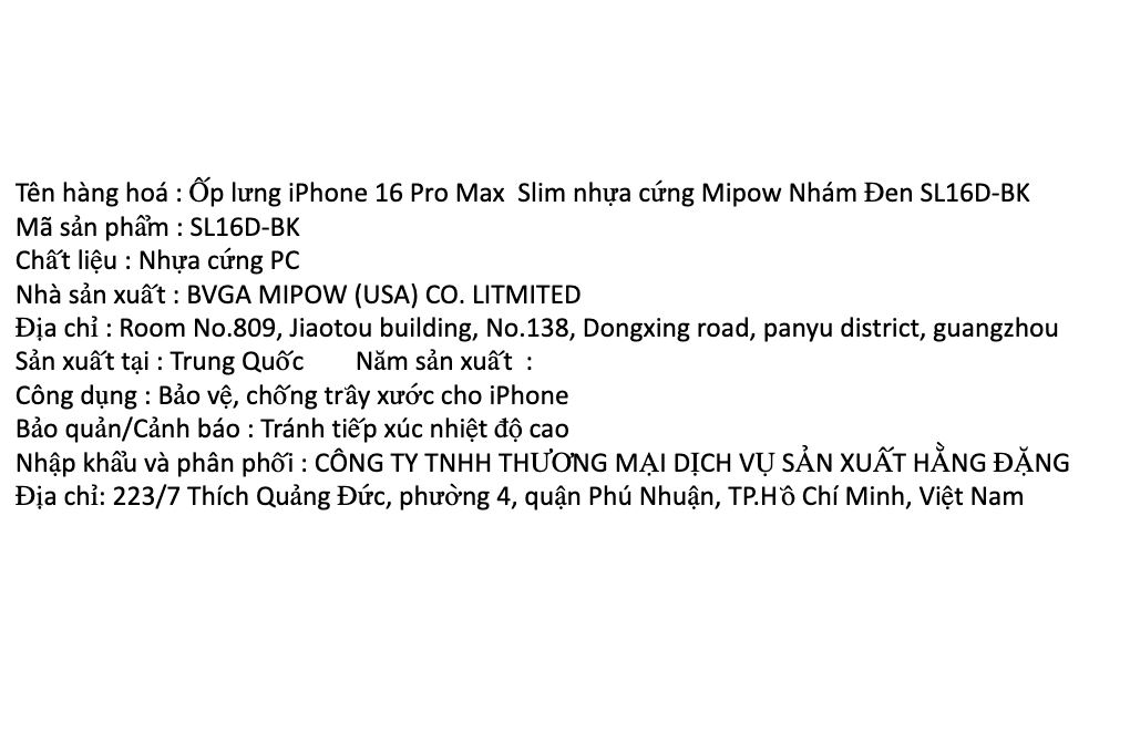 Ốp lưng iPhone 16 Pro Max nhựa cứng Mipow Slim SL16D Màu Đen