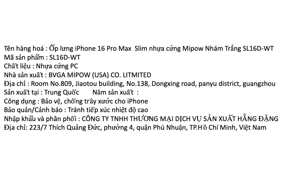 Ốp lưng iPhone 16 Pro Max nhựa cứng Mipow Slim SL16D Màu Trắng