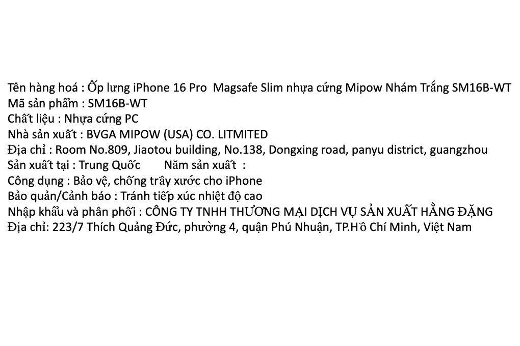 Ốp lưng MagSafe iPhone 16 Pro Magsafe nhựa cứng Mipow Slim SM16B-WT Màu Trắng
