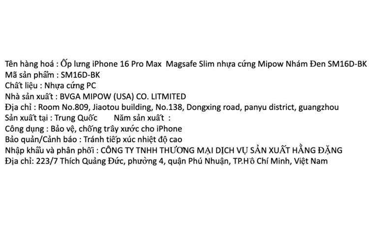 Ốp lưng MagSafe iPhone 16 Pro Max nhựa cứng Mipow Slim SM16D Màu Đen