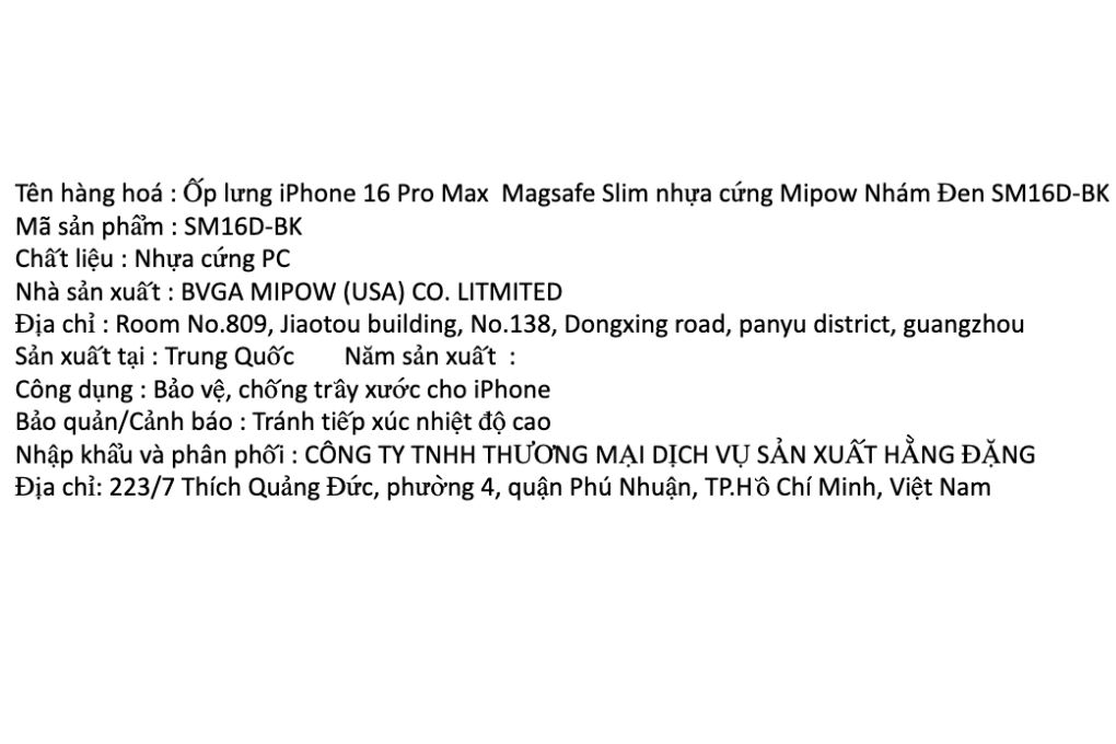 Ốp lưng MagSafe iPhone 16 Pro Max nhựa cứng Mipow Slim SM16D Màu Đen