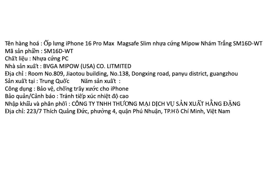 Ốp lưng MagSafe iPhone 16 Pro Max nhựa cứng Mipow Slim SM16D Màu Trắng