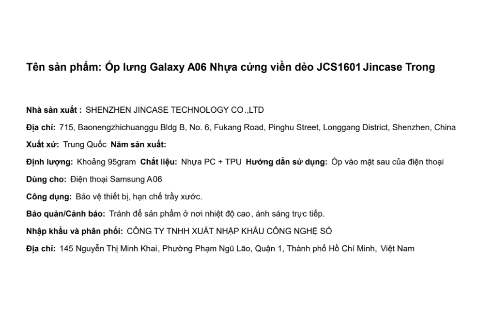 Ốp lưng Galaxy A06 Nhựa cứng viền dẻo Jincase JCS1601 Màu Trắng