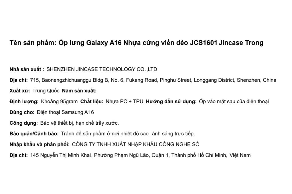 Ốp lưng Galaxy A16 Nhựa cứng viền dẻo Jincase JCS1601 Màu Trắng