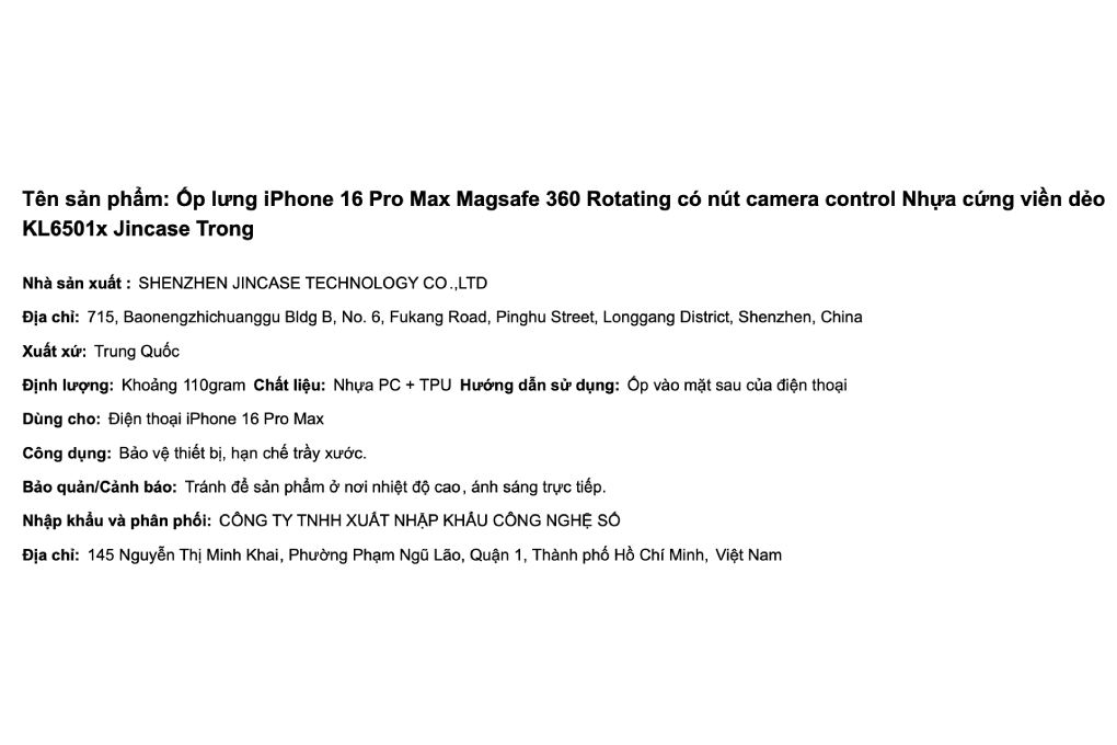 Ốp lưng MagSafe iPhone 16 Pro Max Nhựa cứng viền dẻo 360 Rotating Jincase KL6501x Màu Trắng