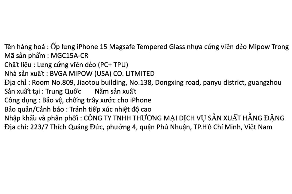 Ốp lưng MagSafe iPhone 15 nhựa cứng viền dẻo Mipow Tempered Glass MGC15A-CR Màu Trắng