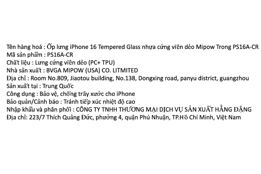 Ốp lưng iPhone 16 nhựa cứng viền dẻo Mipow Tempered Glass PS16A-CR Màu Trắng