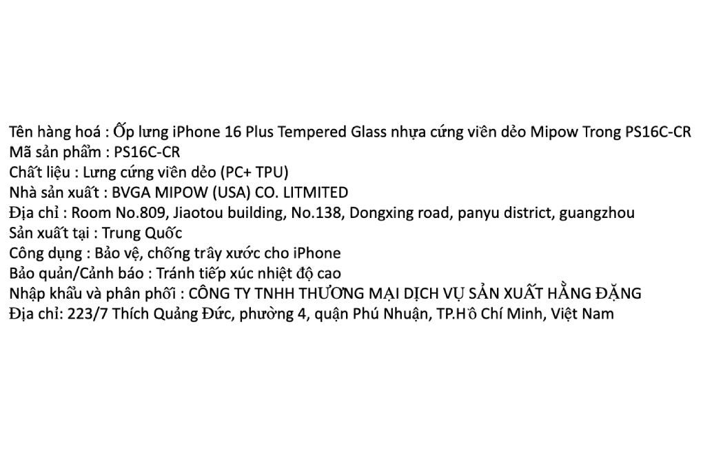 Ốp lưng iPhone 16 Plus nhựa cứng viền dẻo Mipow Tempered Glass PS16C-CR Màu Trắng