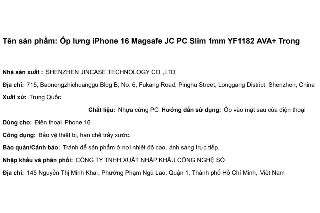 Ốp lưng MagSafe iPhone 16 JC PC AVA+ Slim 1mm YF1182 Màu Trắng