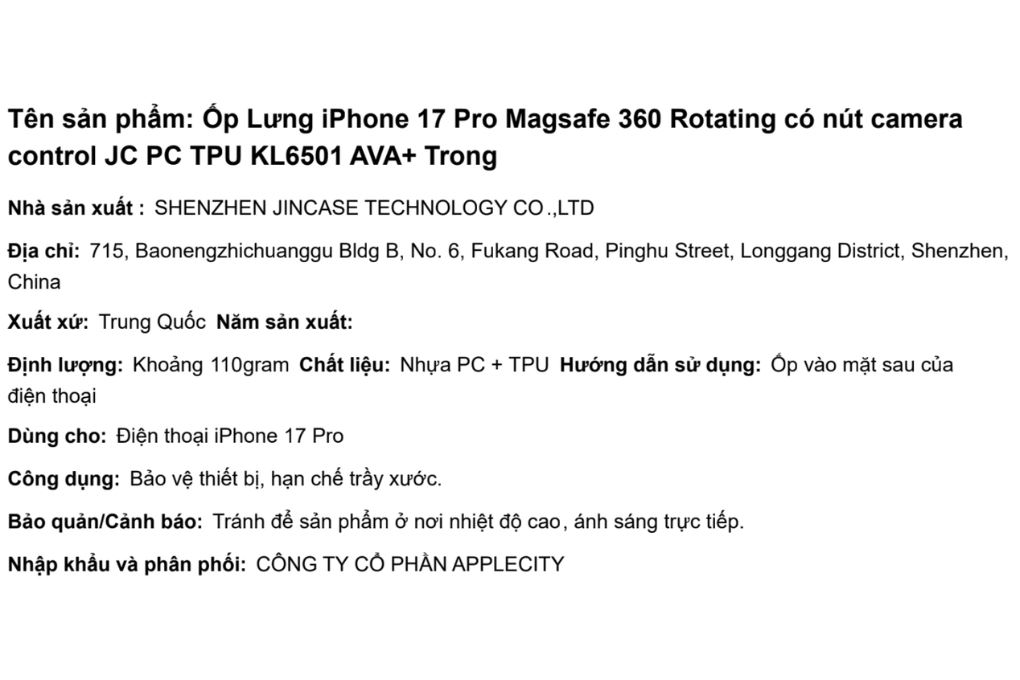 Ốp lưng MagSafe iPhone 17 Pro JC PC TPU AVA+ KL6501 Màu Trắng