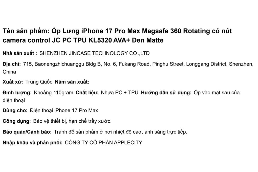 Ốp lưng MagSafe iPhone 17 Pro Max JC PC TPU AVA+ KL5320 Màu Đen