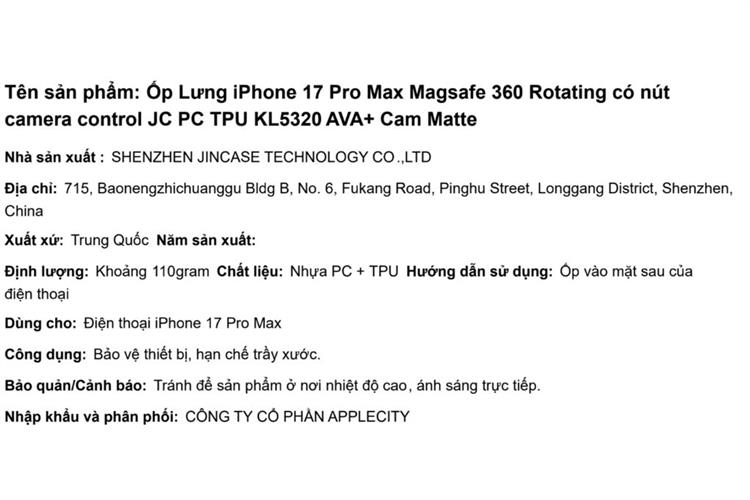 Ốp lưng MagSafe iPhone 17 Pro Max JC PC TPU AVA+ KL5320 Màu Cam