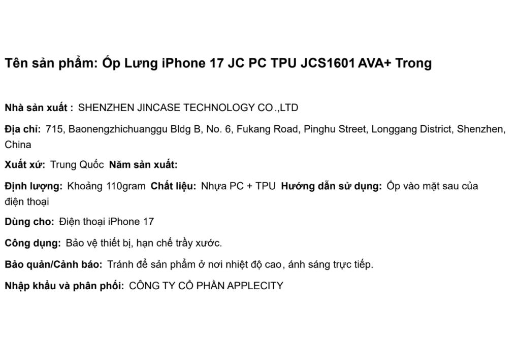 Ốp lưng iPhone 17 JC PC TPU  AVA+ JCS1601 Màu Trắng