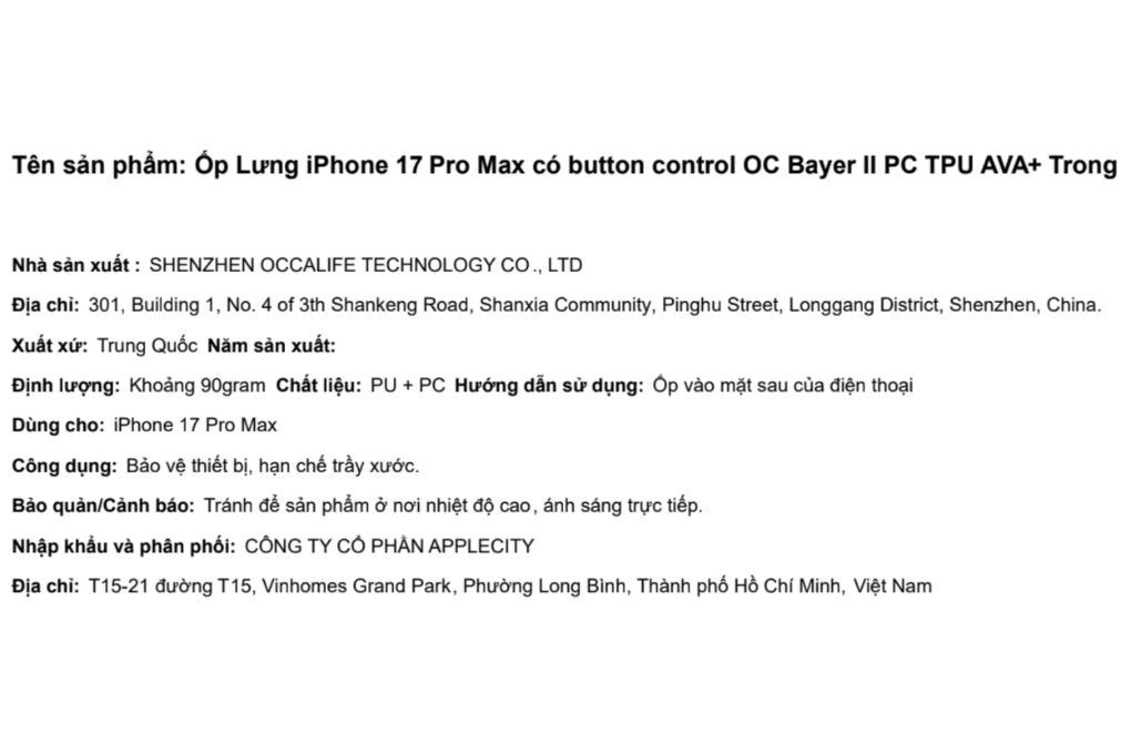 Ốp lưng iPhone 17 Pro Max PC TPU AVA+ OC Bayer II Màu Trắng