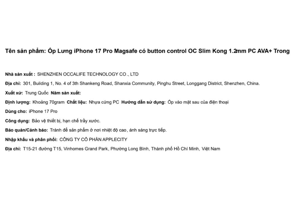 Ốp lưng MagSafe iPhone 17 Pro PC AVA+ 1.2mm OC Slim Kong Màu Trắng