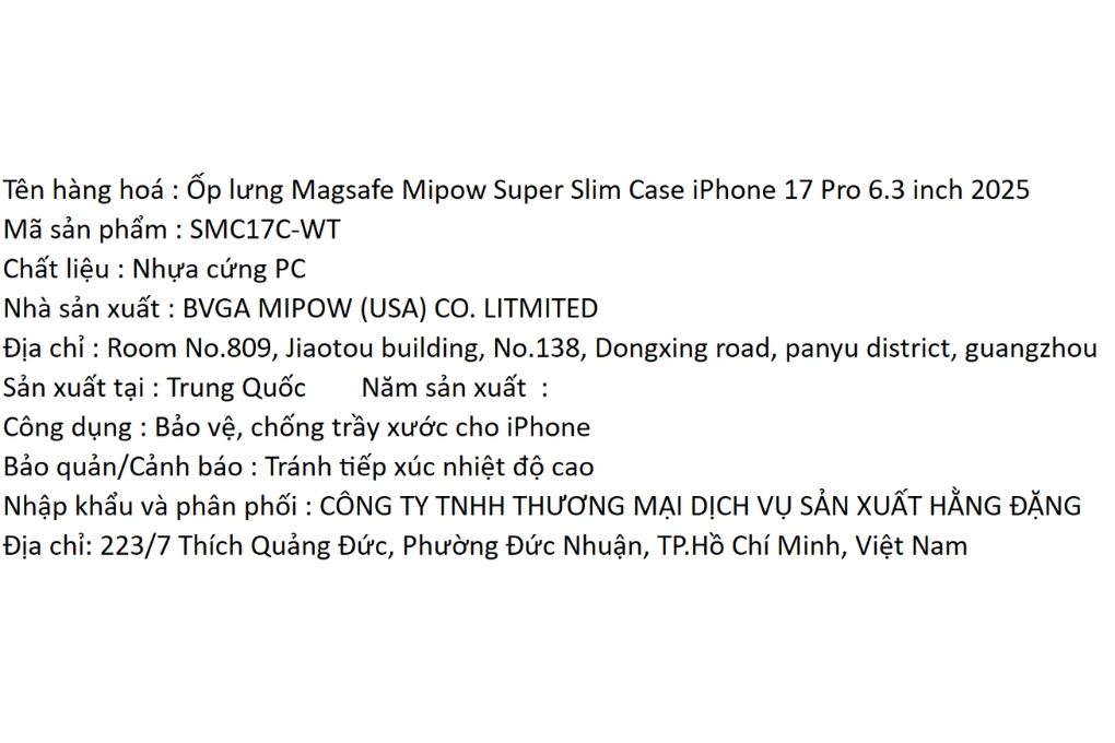 Ốp lưng MagSafe iPhone 17 Pro PC Super Slim 0.5mm MIPOW SMC17C-WT Màu Trắng