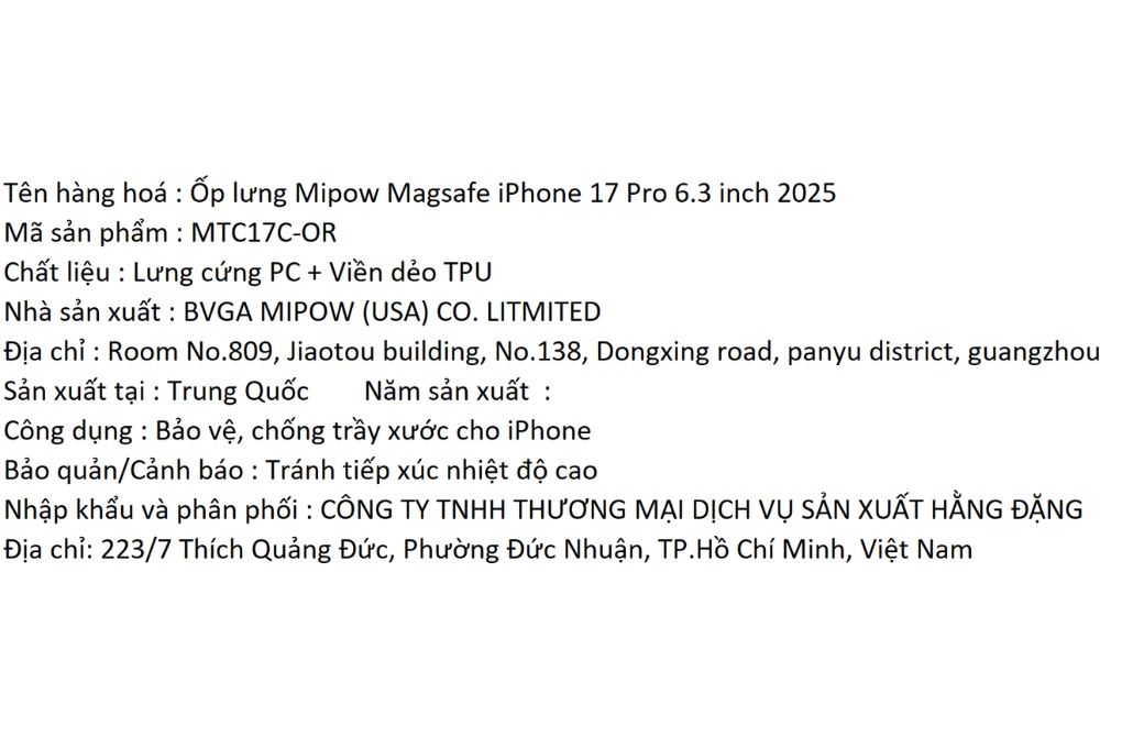 Ốp lưng MagSafe iPhone 17 Pro PC TPU MIPOW MTC17C-OR Màu Cam