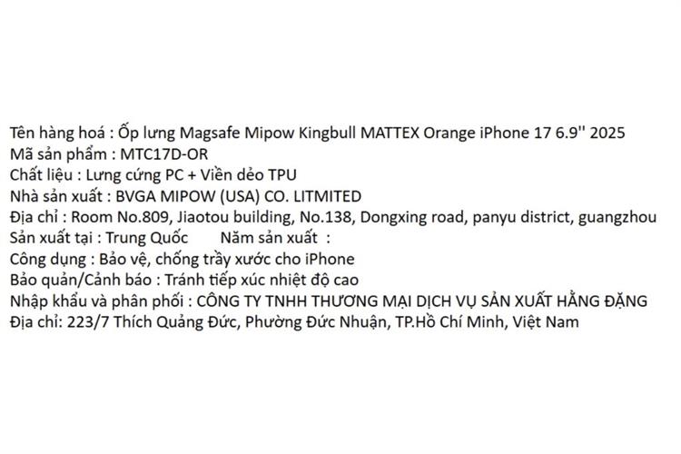 Ốp lưng MagSafe iPhone 17 Pro Max PC TPU MIPOW MATTEX MTC17D-OR Màu Cam